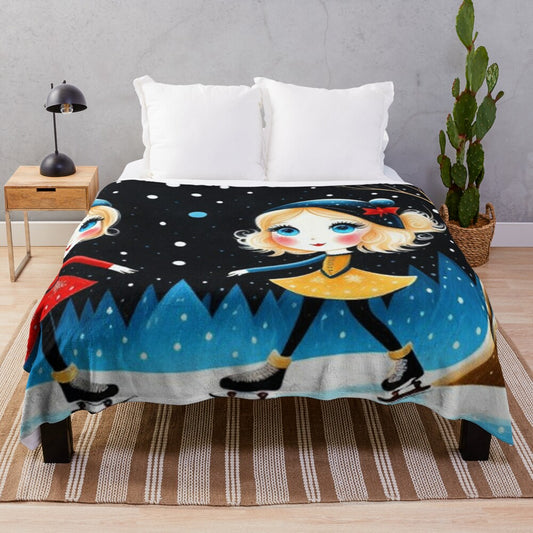 Plush blanket with retro cartoon design of girls with big blue eyes skating in a winter scene