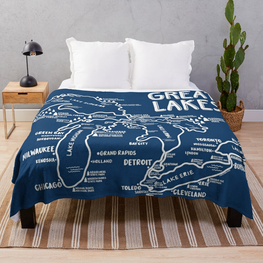 Great Lakes map plush blanket featuring the five Great Lakes of the Midwest region