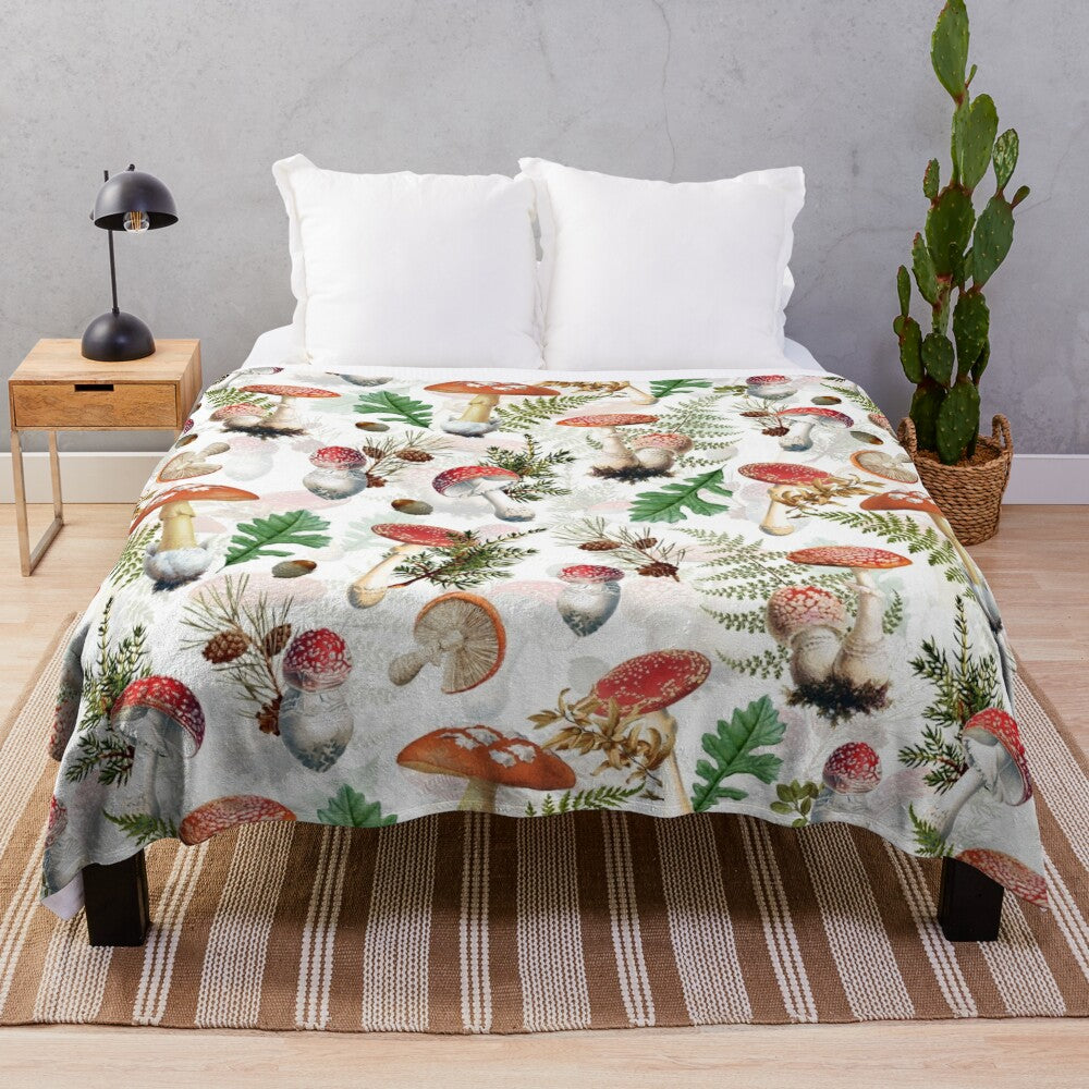 Cozy plush blanket featuring a botanical garden design with mushroom pattern