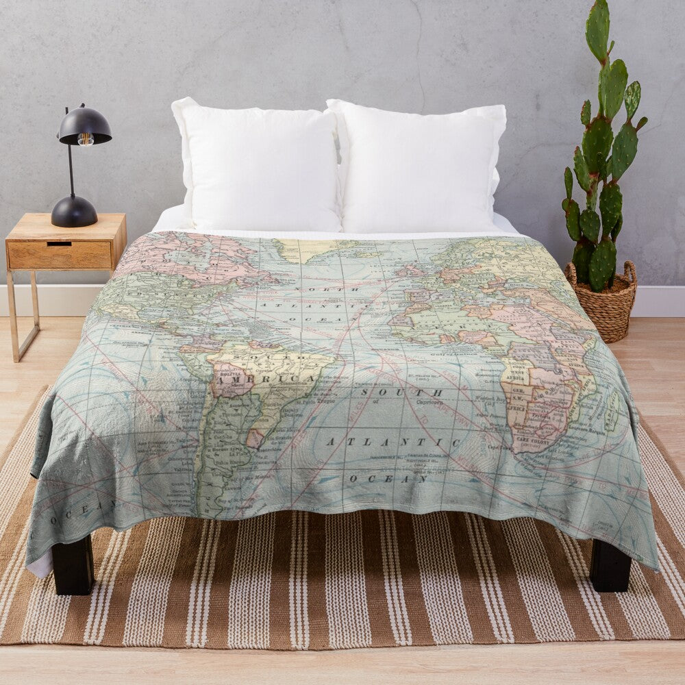 Vintage World Map Plush Blanket featuring an antique-style cartography design