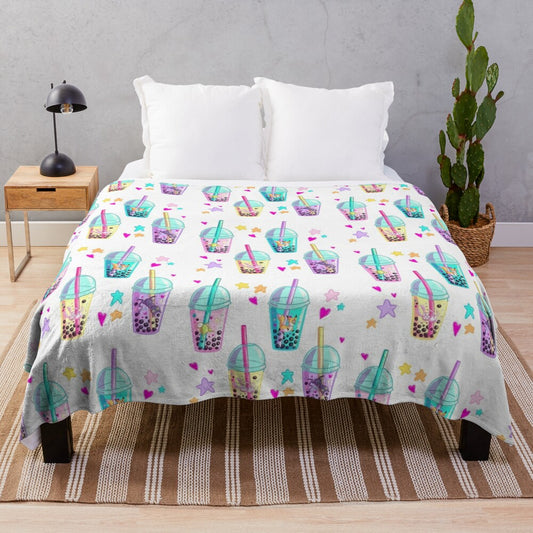 Cute animals in a pastel boba tea pattern on a fluffy plush blanket