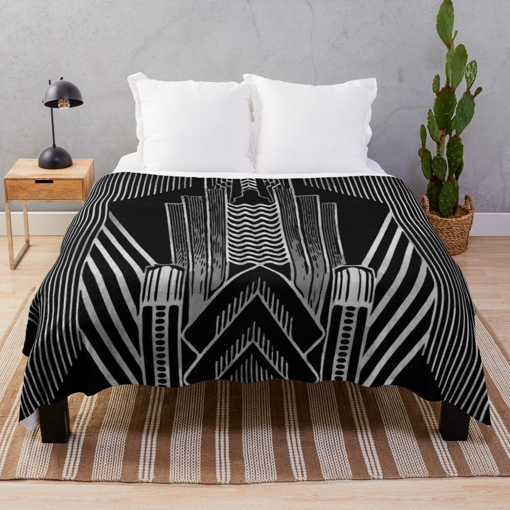 Art Deco Plush Blanket with Abstract Black and White Pattern