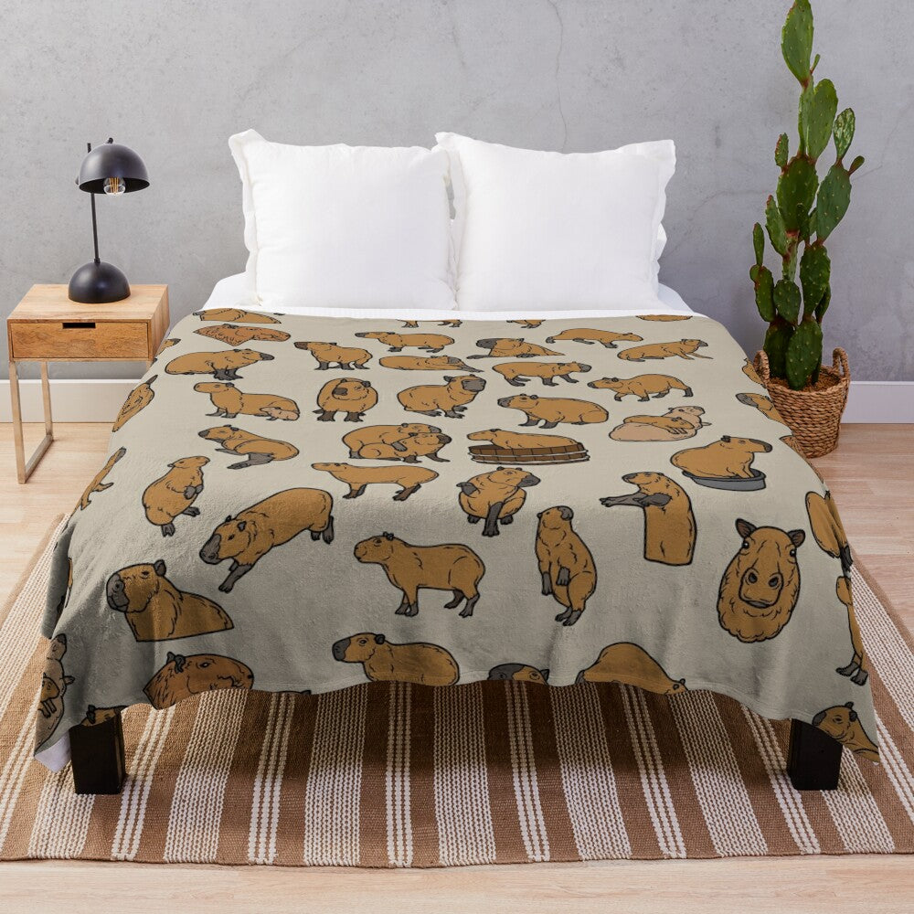 Cozy capybara plush blanket featuring a cute, repeating pattern of the lovable South American rodent