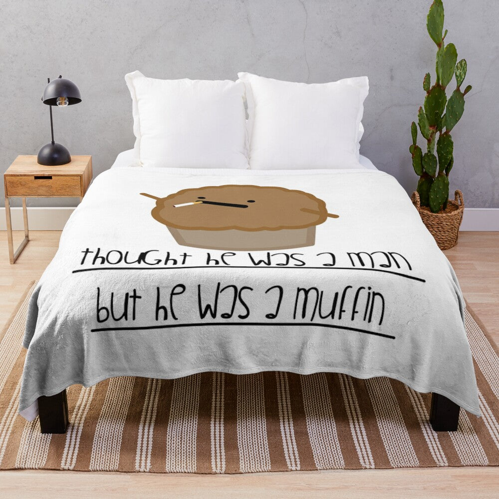 Soft and cuddly plush blanket featuring the muffin man character