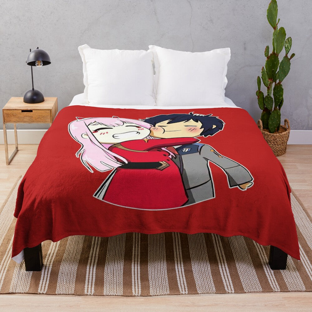 Adorable anime-inspired plush blanket featuring Zero Two and Hero chibi characters