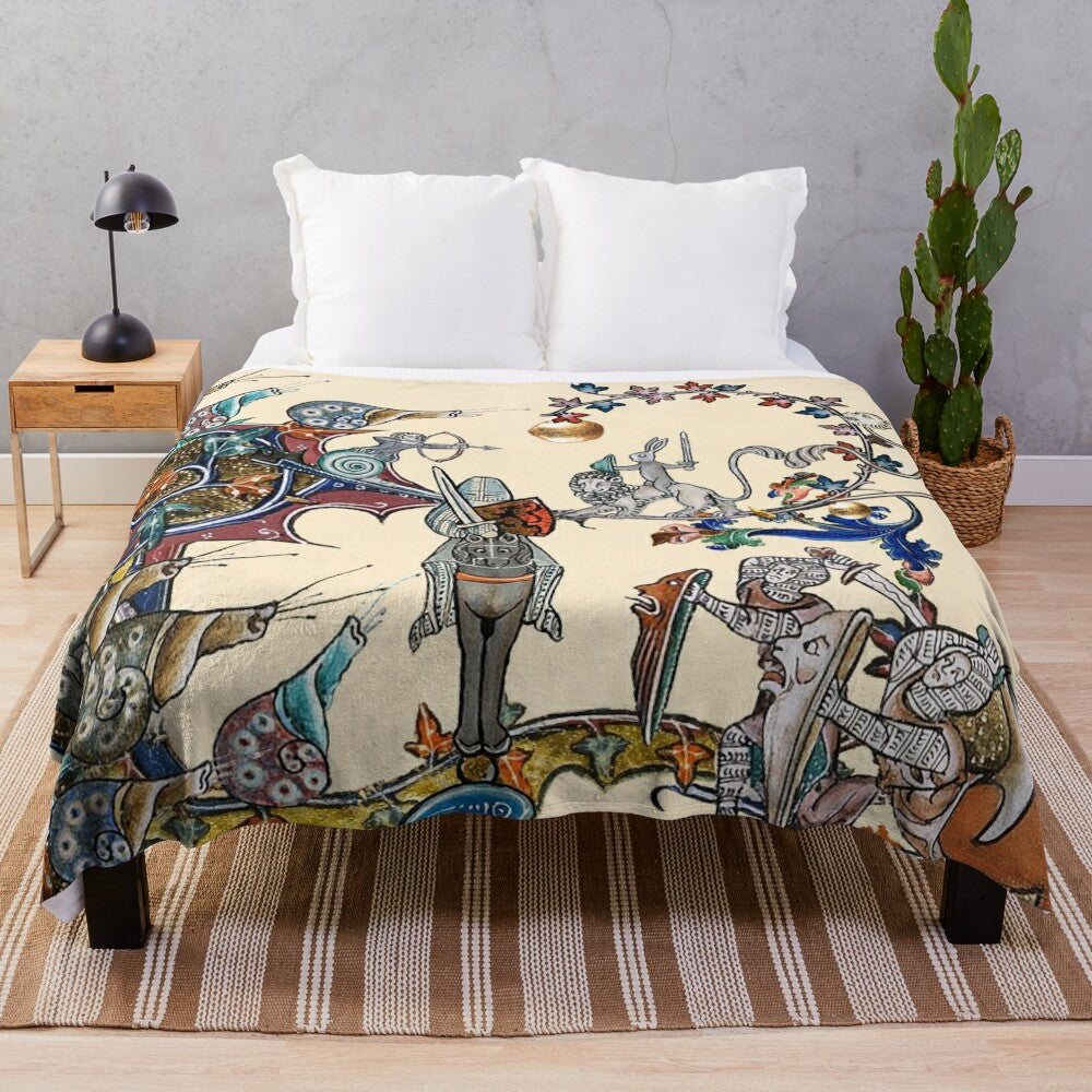 Plush blanket featuring a whimsical medieval fantasy scene with knights, rabbits, and snails fighting