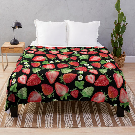 Watercolor illustration of red and pink strawberries on a plush blanket