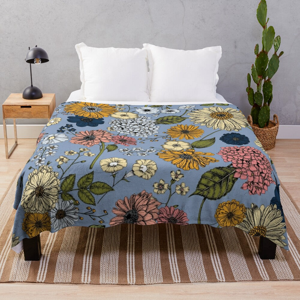 Colorful floral plush blanket with a vibrant botanical design