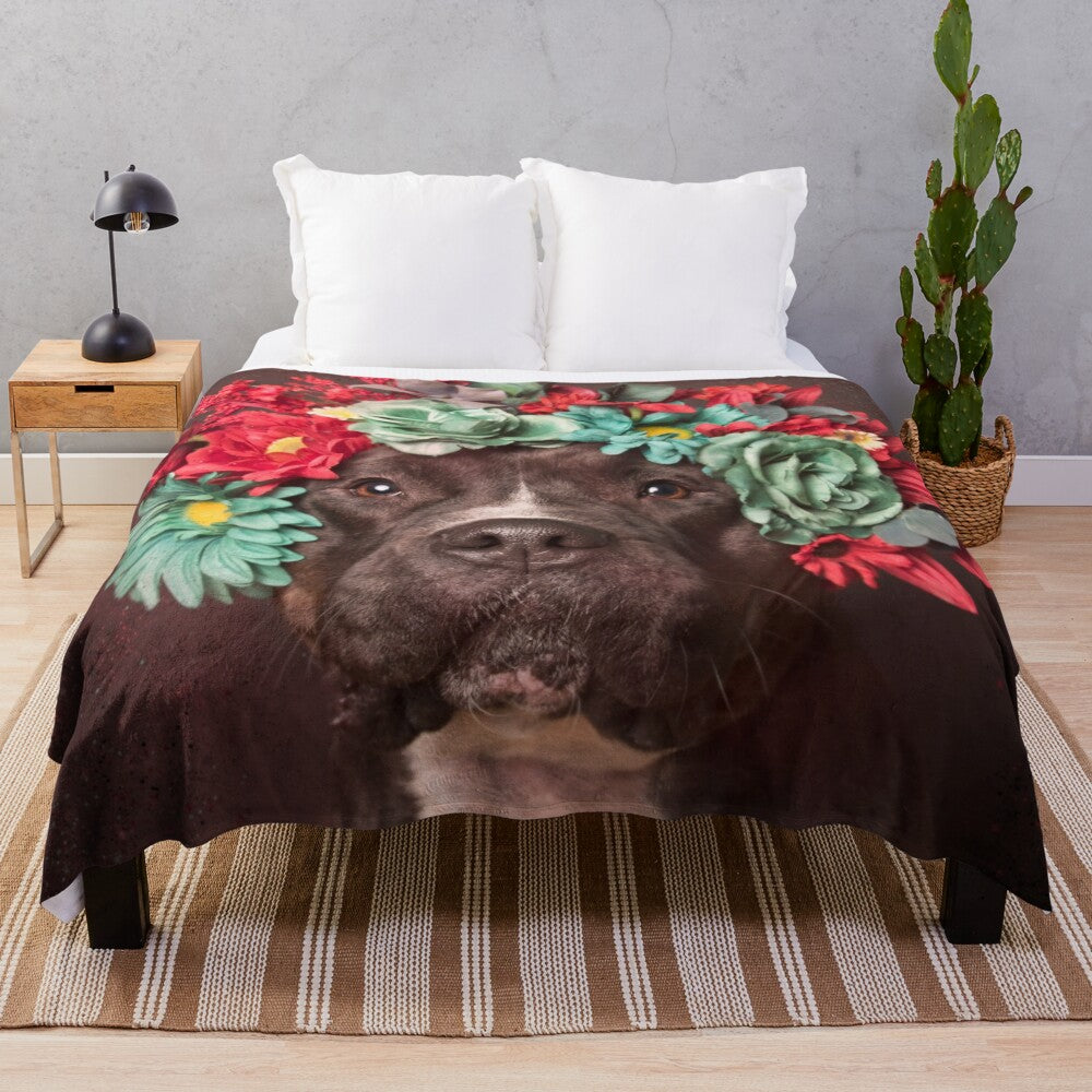 Flower Power Molly Plush Blanket featuring a pitbull dog in a flower crown