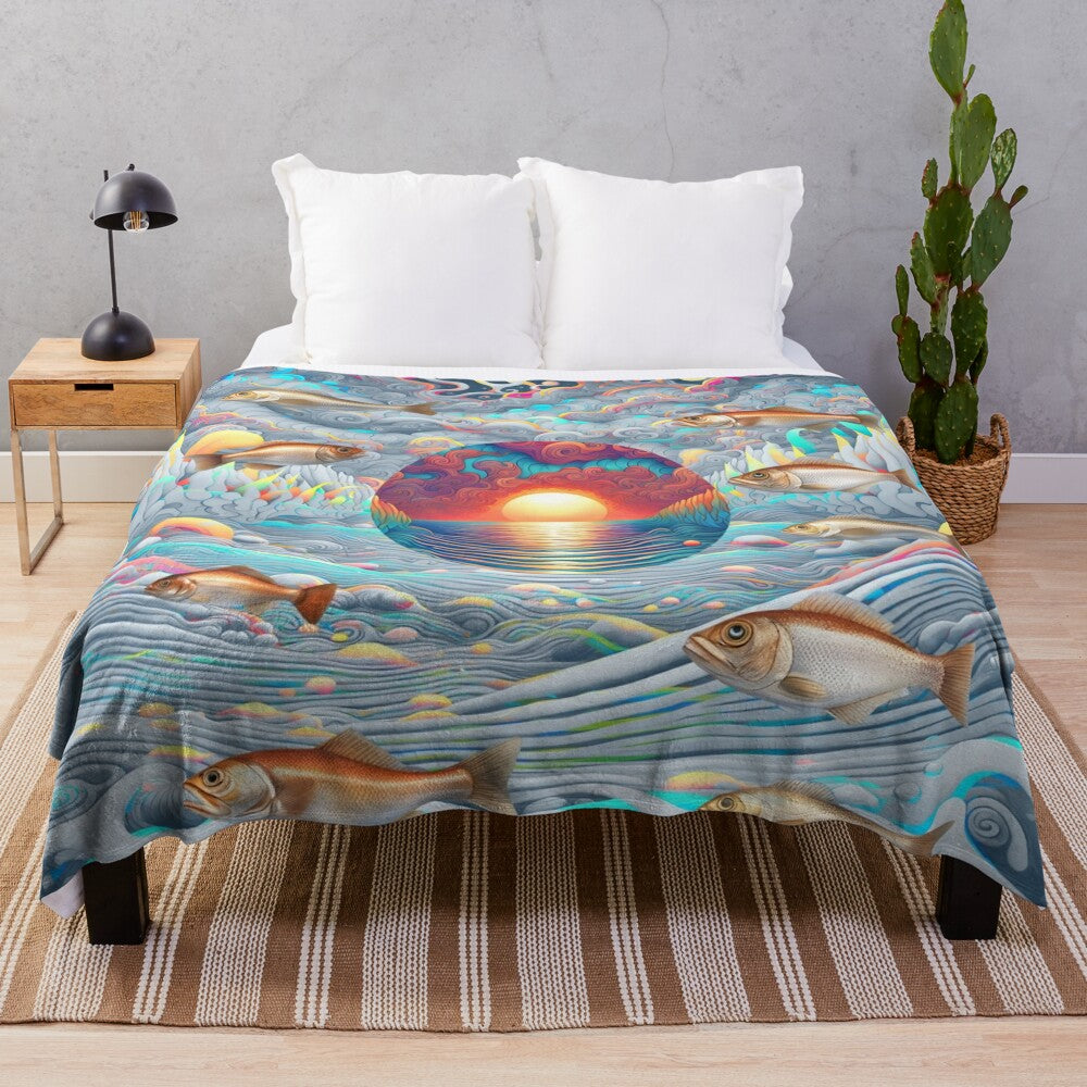 Colorful plush blanket featuring a sunset and fish design