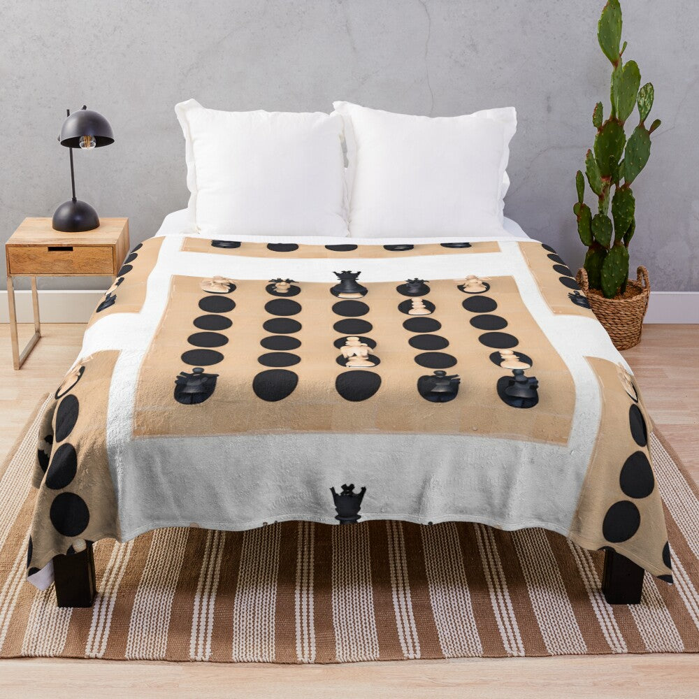 Plush blanket featuring chess pieces and chess board design