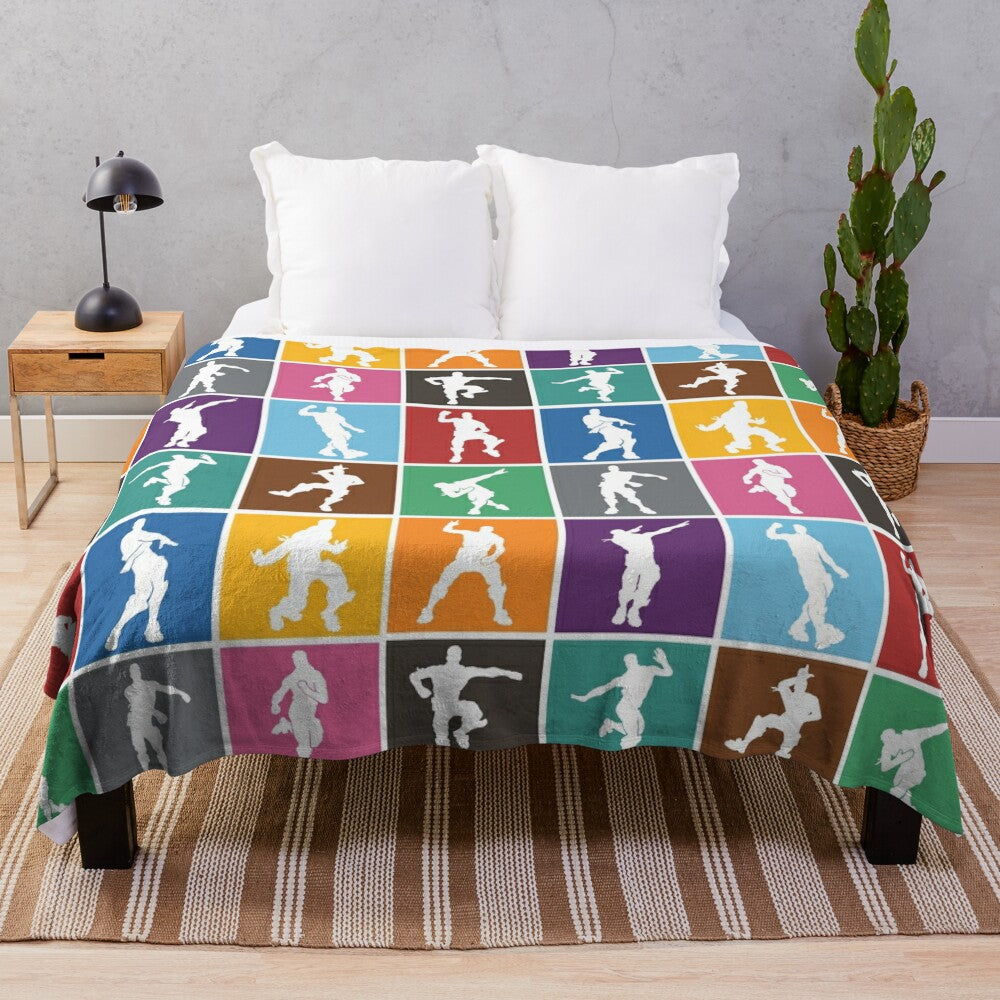 Vibrant rainbow lattice pattern plush blanket featuring a Fortnite-inspired victory dance design