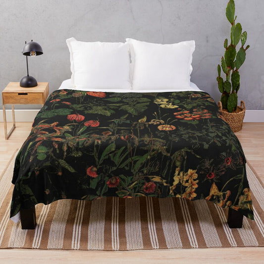 Midnight floral plush blanket with mythological and enchanting elements