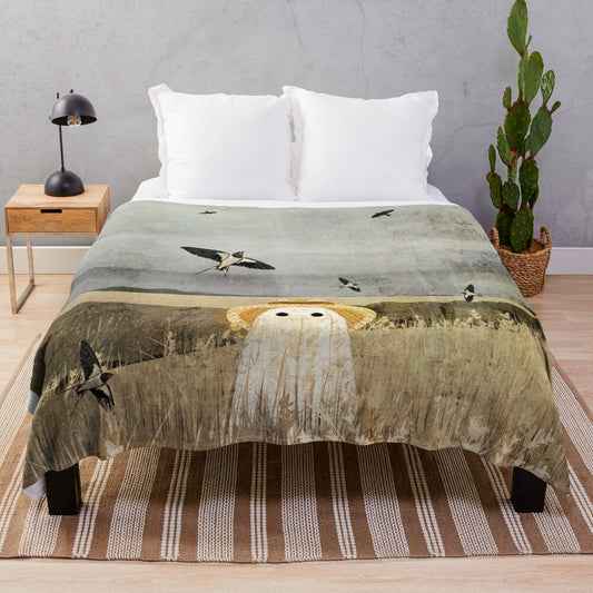 Soft and plush blanket featuring a nature-inspired design with swallows flying over a wheat field