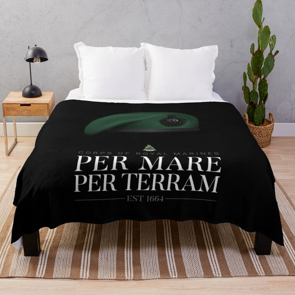 British Royal Marines-inspired plush blanket with the "Per Mare, Per Terram" motto