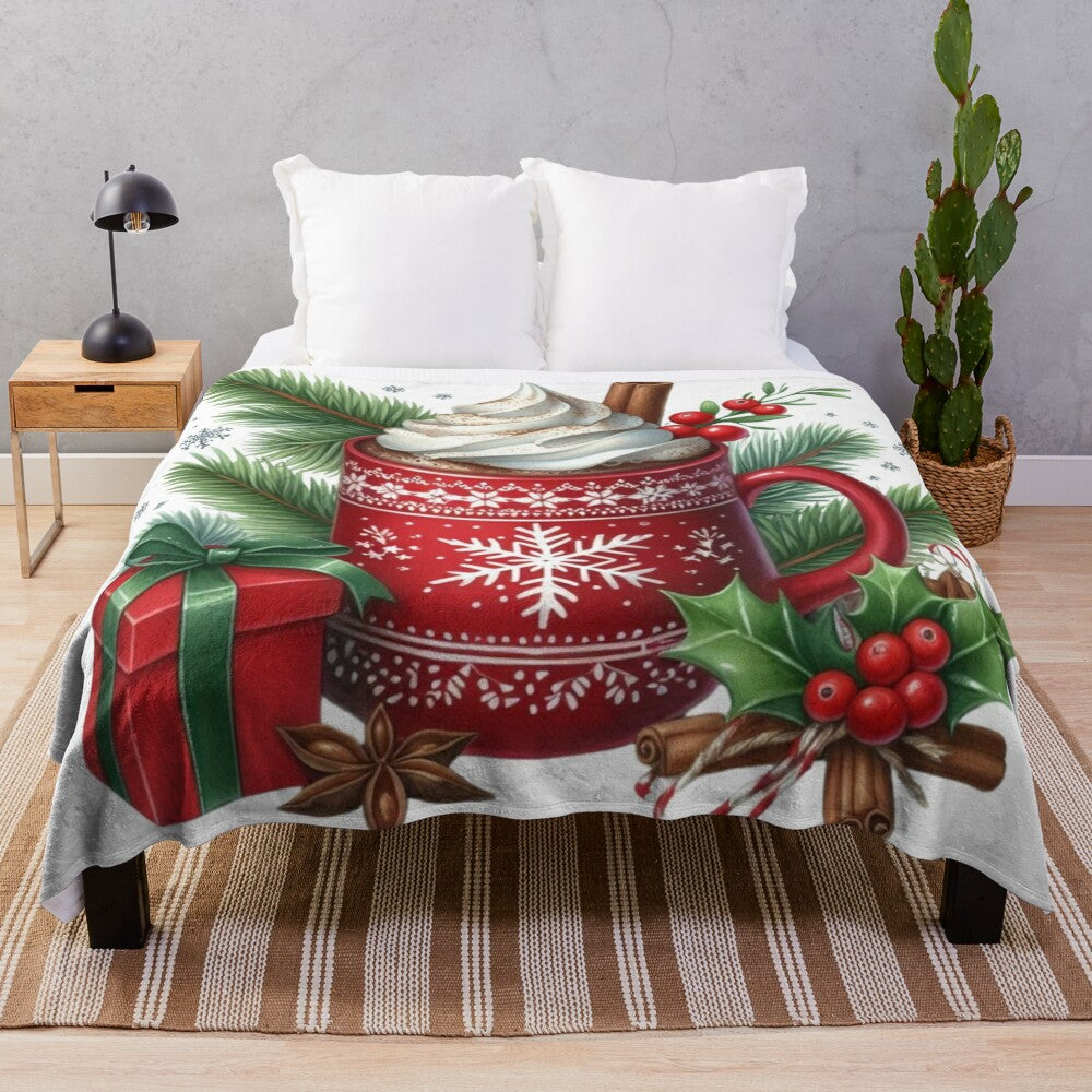 Plush blanket with holiday-themed hot chocolate and winter design