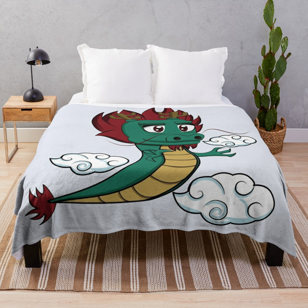 Anime-inspired chibi dragon plush blanket with red hair and kawaii design