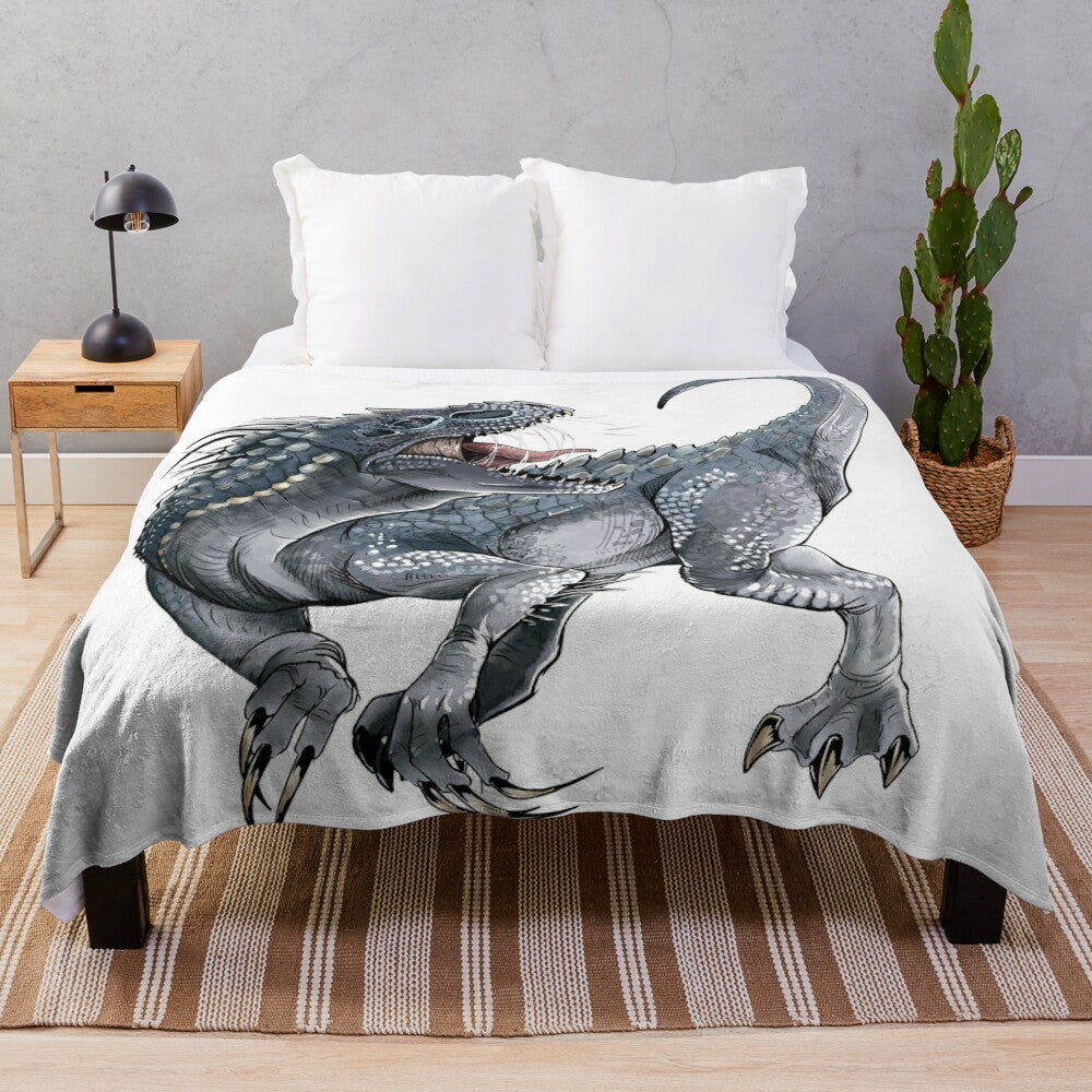 Indominus Rex-inspired plush blanket featuring the iconic dinosaur from Jurassic Park/World franchise