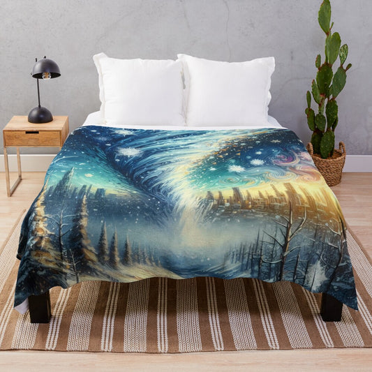 Blizzard tornado sweeping through a winter city, AI generated art on a plush blanket