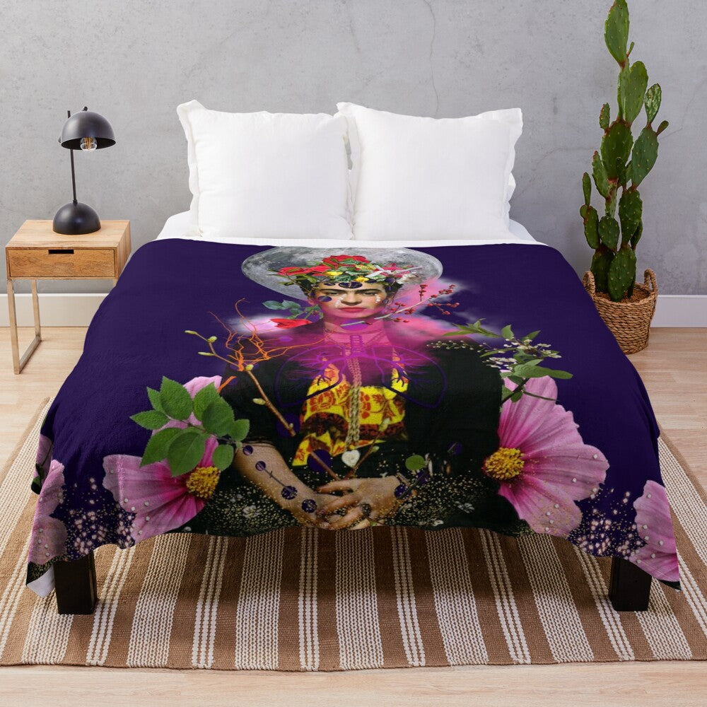 Frida Kahlo inspired plush blanket with surreal floral and moon imagery