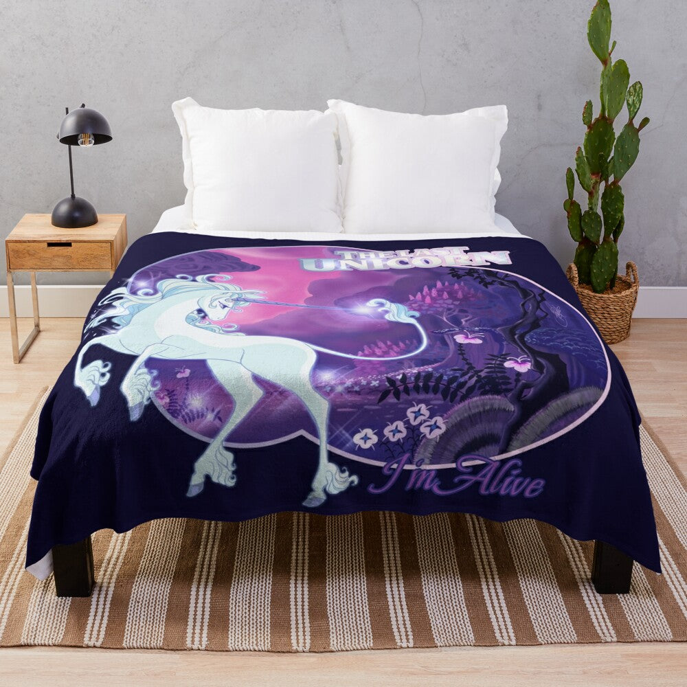 Soft and cozy lilac plush blanket featuring a magical unicorn design, perfect for any fantasy lover.