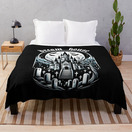 Dark and whimsical plush blanket with haunted castle and goth aesthetic