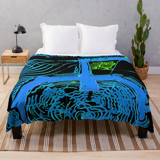 Trampolim Plush Blanket with vibrant abstract design and pop culture elements