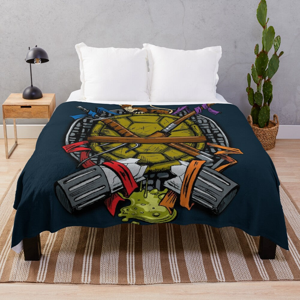 Turtle Family Crest Plush Blanket featuring retro-style TMNT inspired design