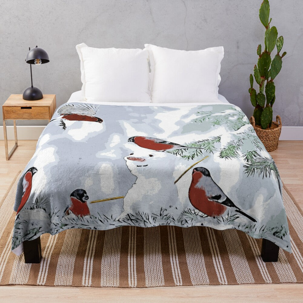 Cozy winter landscape with bullfinches printed on a soft, plush blanket