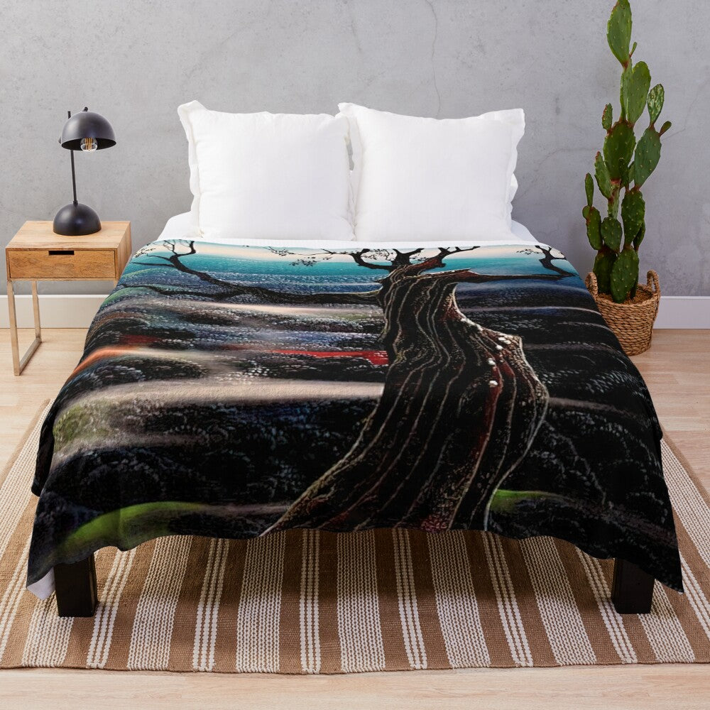 Eyvind Earle inspired plush blanket with nature-themed design