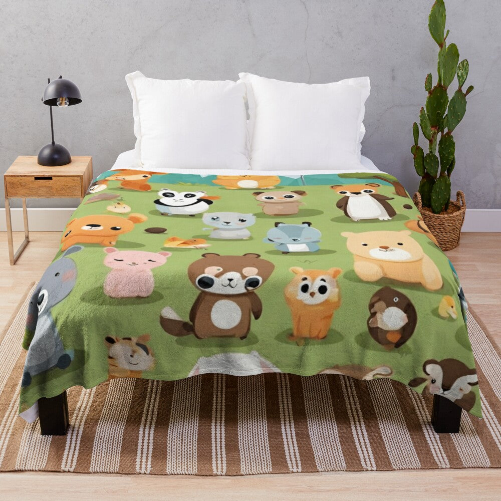 Plush animal blanket with cute forest animals on a playground