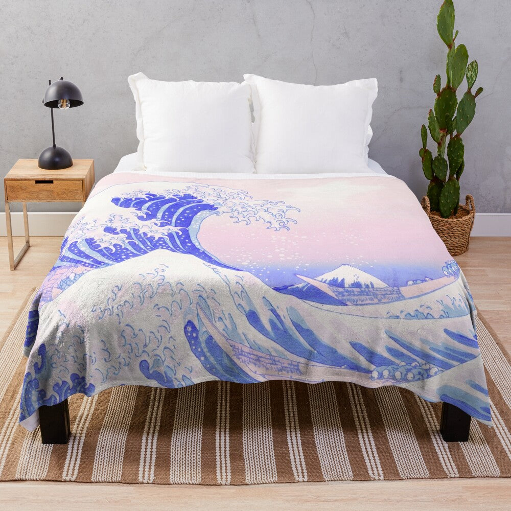 Pastel aesthetic Great Wave Kanagawa inspired kawaii plush blanket