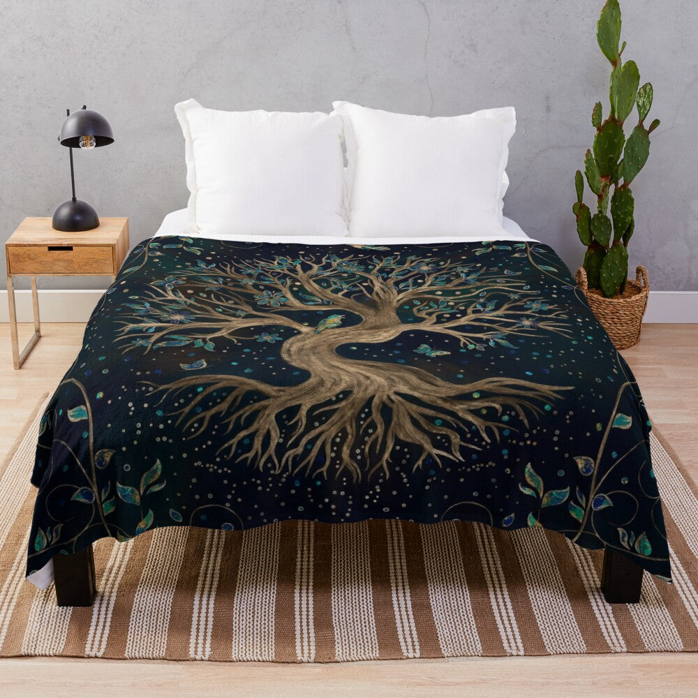 Yggdrasil-inspired plush blanket featuring the mythical tree of life