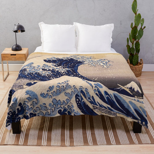 Plush blanket with the famous "The Great Wave off Kanagawa" painting by Japanese artist Katsushika Hokusai