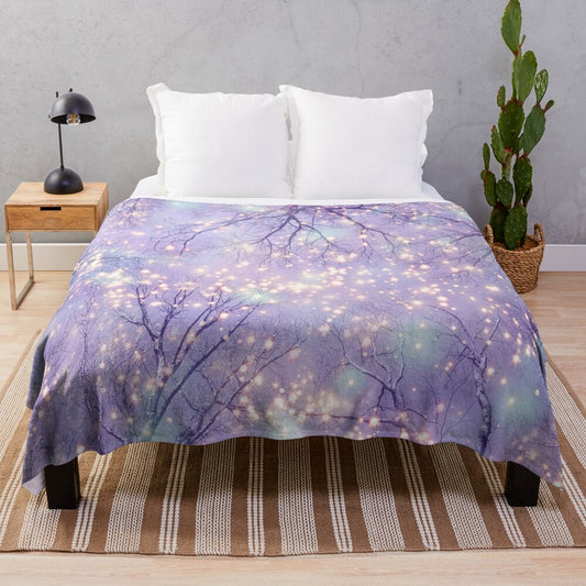 Plush blanket with night sky, stars, and tree silhouette design