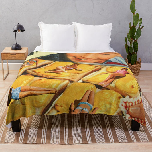 Retro surreal plush blanket featuring a digital collage of women on toast at the beach