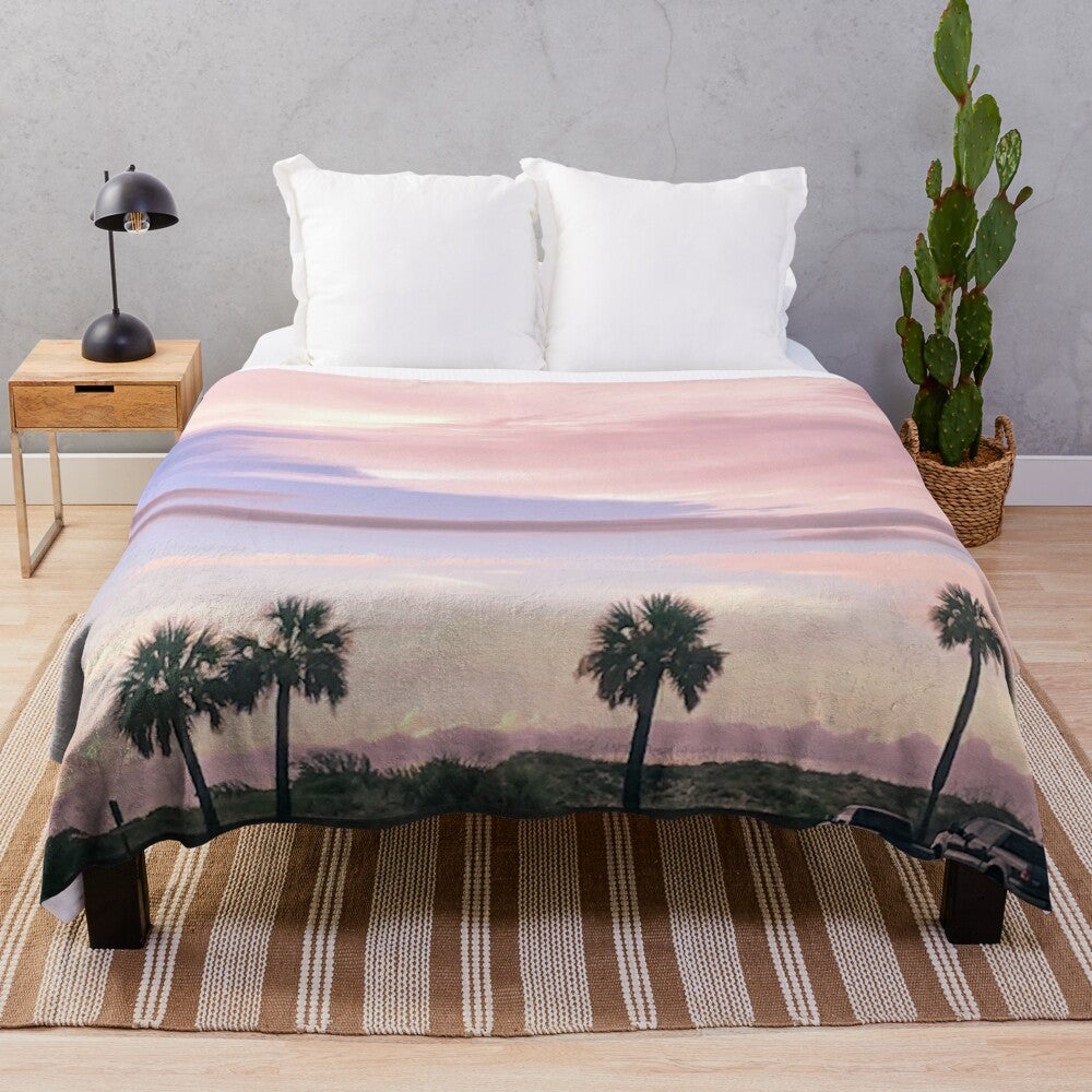 Pink sky plush blanket with tropical beach scene