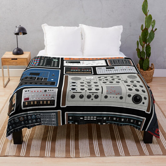 Plush blanket featuring synthesizer and electronic music-inspired design