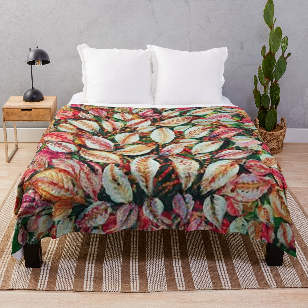 Plush blanket featuring vibrant leaves pattern inspired by Seraphine Louis' artwork