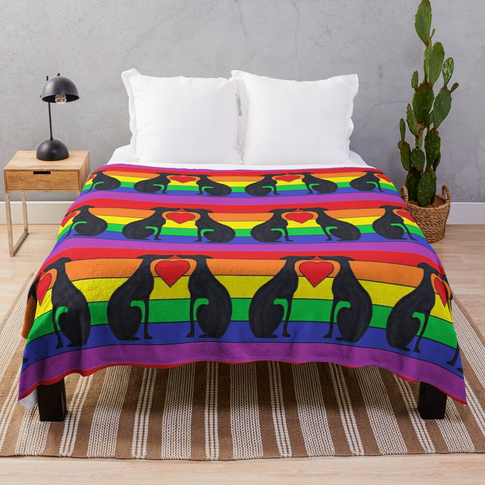 Greyhound or Whippet Silhouette against a Rainbow Background on a Soft Plush Blanket