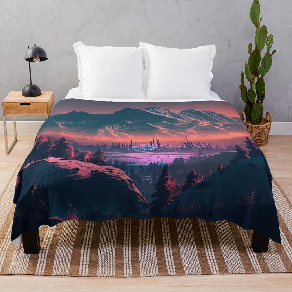 Plush blanket featuring a synthwave-inspired winter city landscape