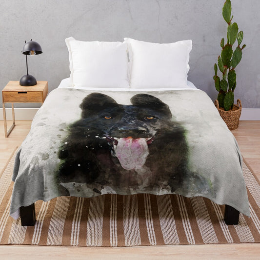 Watercolor painting of a black German shepherd dog on a plush blanket