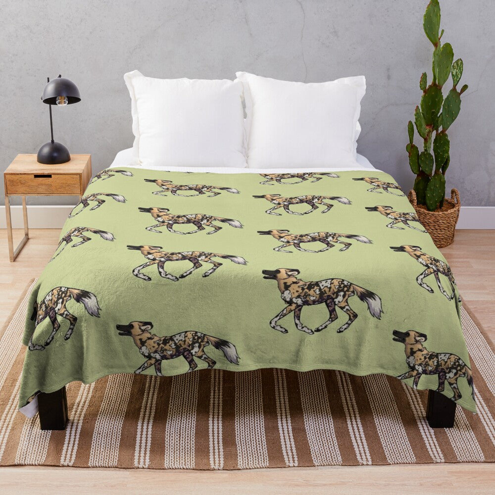 Cozy plush blanket with vibrant pattern of endangered African wild dog