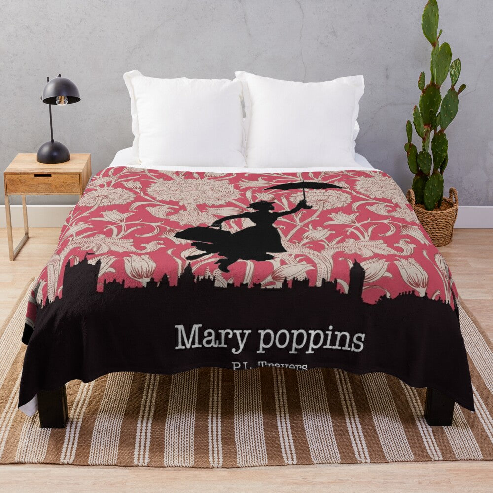 Mary Poppins inspired plush blanket with London skyline and floral design