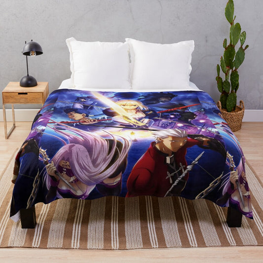 Fate Stay Night-inspired plush blanket featuring popular anime characters