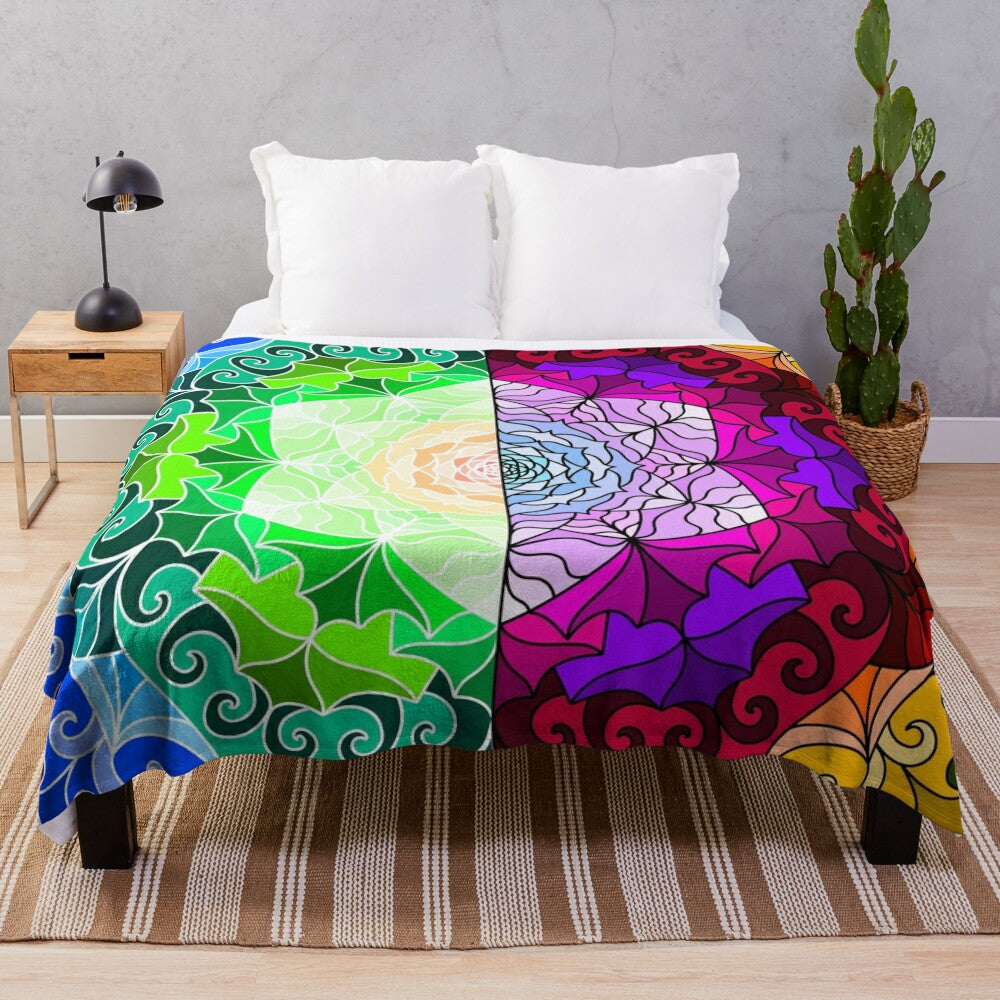 Colorful winter rose mandala print plush blanket