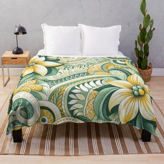 Cozy plush blanket featuring a vibrant tropical design with polynesian art influences