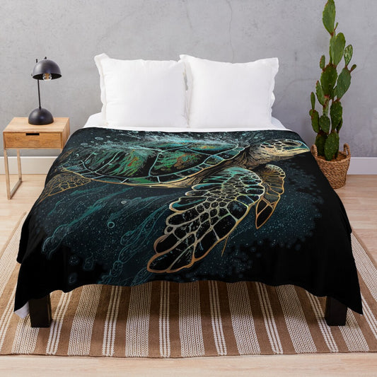 Soft, cozy plush blanket featuring a watercolor sea turtle design