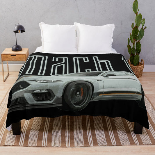 Gray plush blanket with Mach 1 Mustang GT 5.0L V8 performance car design