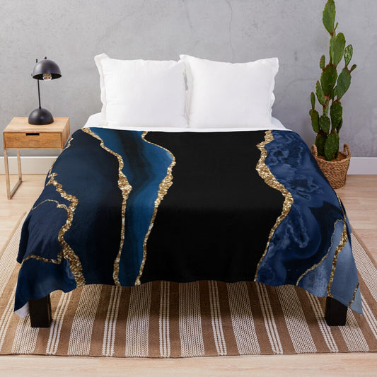 Abstract blue and gold modern geode agate design plush blanket